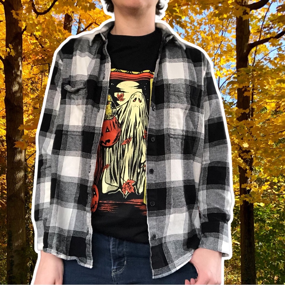 Old Navy Oversized Black and White Plaid Flannel Button Up Shirt, Size XS